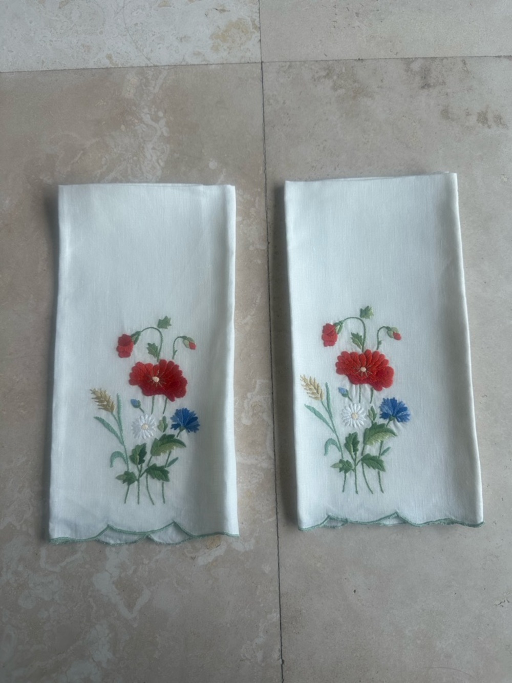 Vintage Hand Embroidered Floral Linen Tea Towels - Set of 2